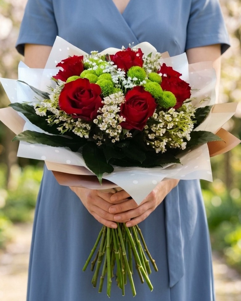 Kytice z růží, waxflowerů a santini